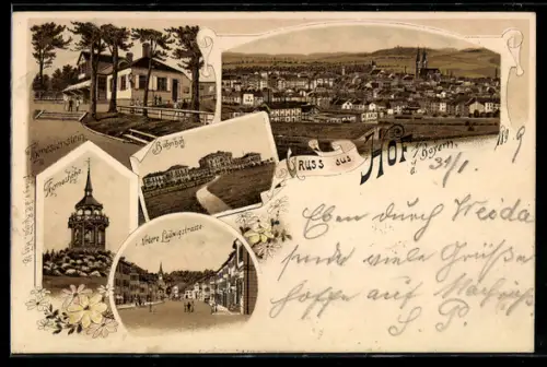 Lithographie Hof i. Bayern, Totalansicht, Theresienstein, Thomashöhe und Bahnhof