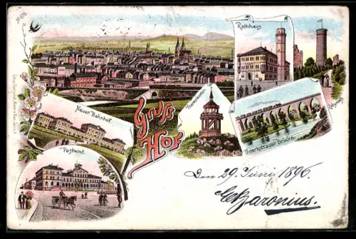 Lithographie Hof, Neuer Bahnhof, Postamt, Rathaus, Unterkotzauer Brücke