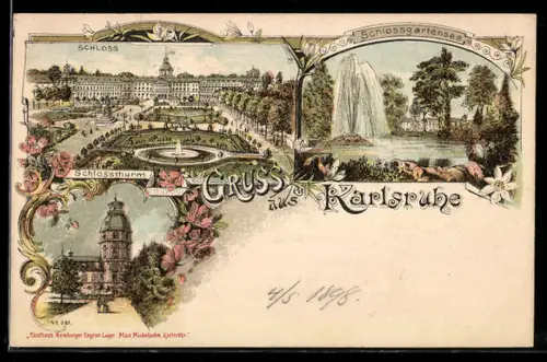Lithographie Karlsruhe, Schloss, Schlossgartensee und Schlossthurm