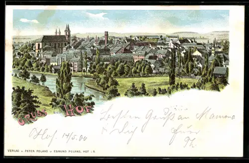 Lithographie Hof, Totalansicht der Stadt