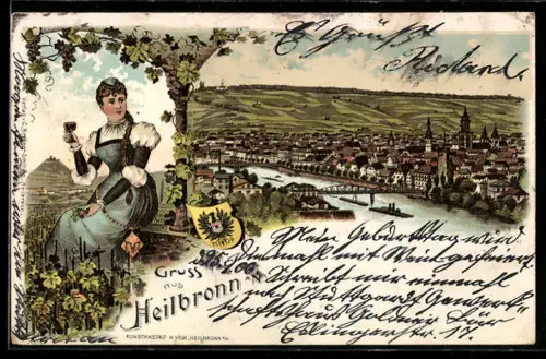 Lithographie Heilbronn, Totalansicht und Frau in Tracht mit Weinglas