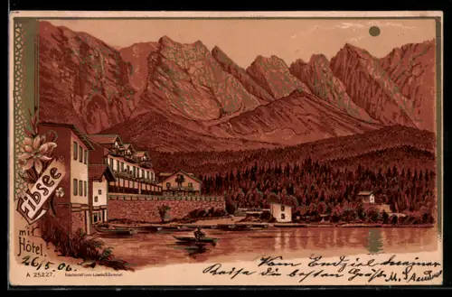 Lithographie Grainau b. Garmisch-Partenkirchen, Eibsee-Panorama mit Hotel und angrenzendem Wald