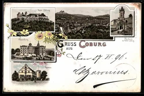Lithographie Coburg, Totalansiht, Veste Coburg, Thorturm und Ehrenburg