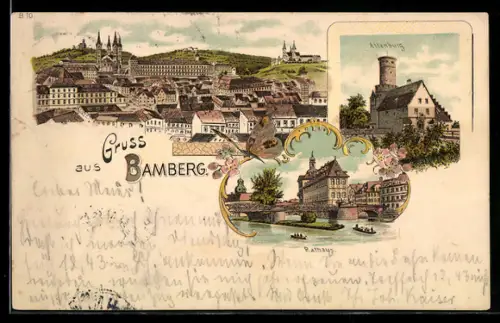 Lithographie Bamberg, Teilansicht, Altenburg, Rathaus