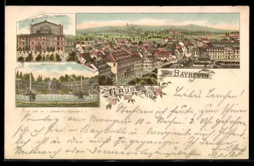 Lithographie Bayreuth, Theater, Eremitage und Stadtansicht