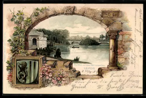Passepartout-Lithographie Leipzig, Partie aus dem Palmengarten mit Boot, Wappen