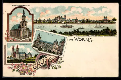 Lithographie Worms, Totalansicht, Dreifaltigkeitskirche, Liebfrauenkirche und Dom