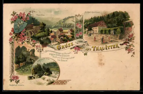 Lithographie Thal-Itter, Mittler`s Gasthaus, Wehr an der Itter, Itterburg