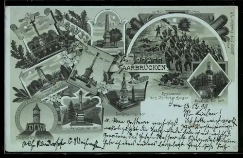 Mondschein-Lithographie St. Johann / Saarbrücken, Erstürmung des Spicherer Berges, Denkmal a. d. Winterberg, Denkmal