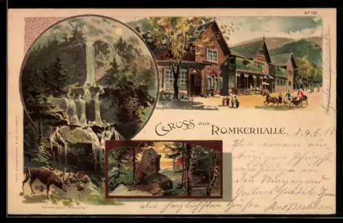 Lithographie Oker, Gasthaus Romkerhalle, Romkerhaller Wasserfall