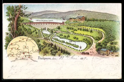 Lithographie Remscheid, Blick auf Hotel-Restaurant Thalsperre, Umgebungskarte