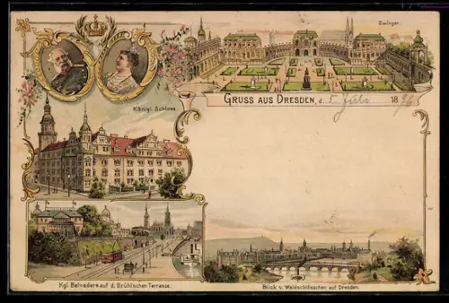 Lithographie Dresden, Königl. Schloss, Kgl. Belvedere auf d. Brühl`schen Terrasse, Zwinger aus der Vogelschau