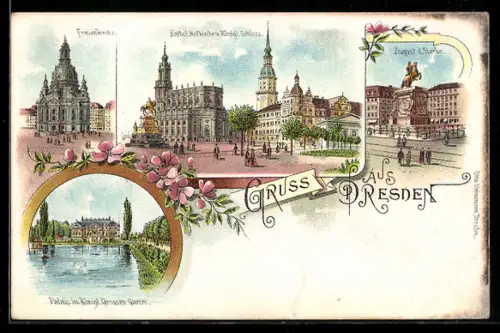 Lithographie Dresden, Frauenkirche, Schloss, Palais Grosser Garten, Denkmal August der Starke