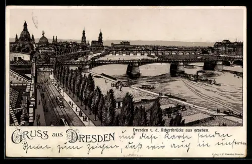 Lithographie Dresden, Teilansicht mit Strassenbahn von der Albertbrücke aus gesehen