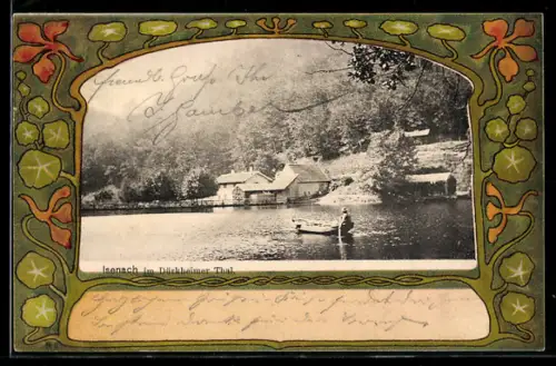 Grusskarten-AK Isenach im Dürkheimer Tal, Ortspartie am Ufer mit Ruderboot, Blumen im Jugendstil im Passepartout