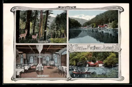 AK Bad Dürkheim, Gasthaus Isenach, Waldidylle, Speisesaal, Uferpartie