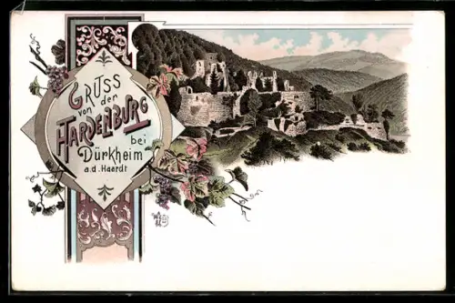 Lithographie Dürkheim a. d. Haardt, Hardenburg Ruine mit Umgebung