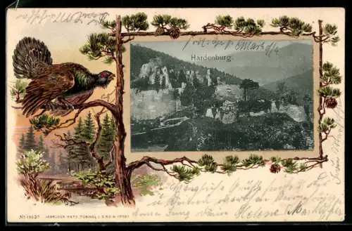 Passepartout-Lithographie Bad Dürkheim, Hadenburg Ruine mit Umgebung, Auerhahn im Passepartout