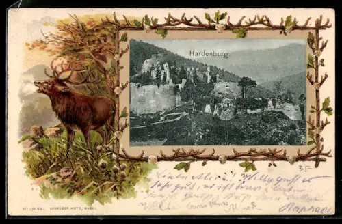 Passepartout-Lithographie Bad Dürkheim, Hardenburg Ruine mit Umgebung, Hirsch im Passepartout