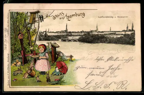 Lithographie Hamburg-Neustadt, Partie an der Lombardsbrücke und Binnenalster, Kind mit Hasen im Passepartout