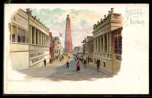 Lithographie Borkum, Strandstrasse mit Strandhotel