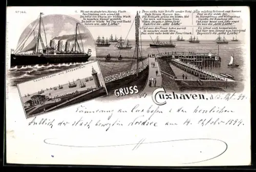 Lithographie Cuxhaven, Leuchtturm und Gasthof Seepavillon, Kriegerdenkmal