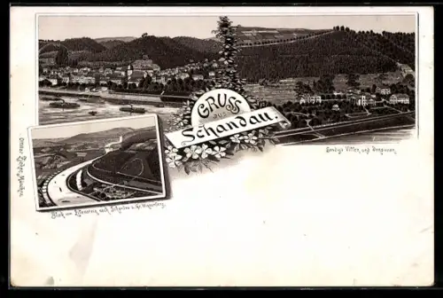 Lithographie Schandau, Totalansicht und Blick vom Lilienstein mit Gr. Winterberg