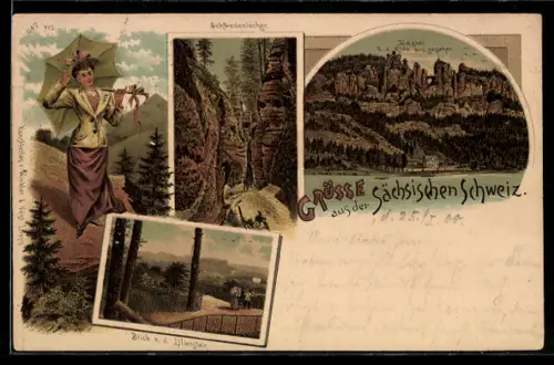 Lithographie Bastei, Schwedenlöcher, Ortsansicht von der Elbe aus, Blick nach dem Lilienfels