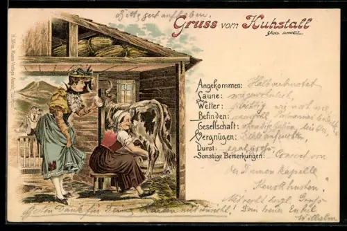 Lithographie Bad Schandau, Kuhstall /Sächs. Schweiz, Melkerin im Stall bekommt Besuch von einer Dame in Tracht mit Milch