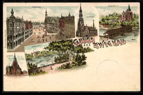 Lithographie Zwickau, Hauptmarkt, Marienkirche, Paradiesbrücke