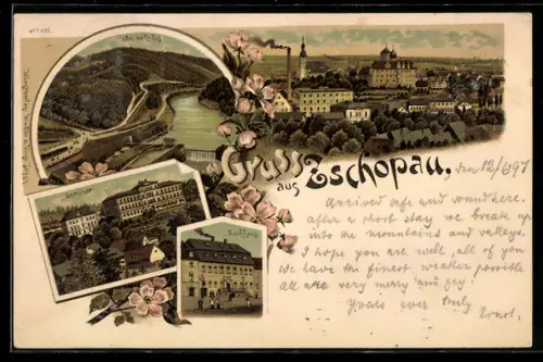 Lithographie Zschopau, Bahnhof, Rathaus, Seminar