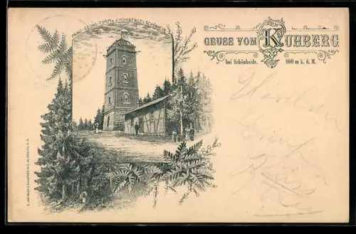 Lithographie Kuhberg bei Schönheide, Prinz-Georg-Turm in der Aussenansicht, Waldpartie