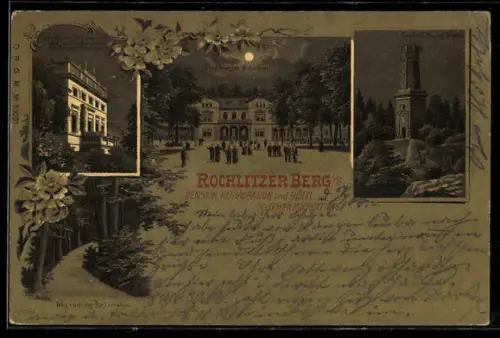 Lithographie Rochlitz, Hotel Pension Restaurant auf dem Rochlitzer Berg, Friedrich August-Turm