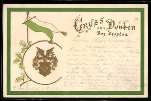 Präge-AK Deuben /Dresden, Flagge des Königreichs Sachsen, geprägtes Wappen