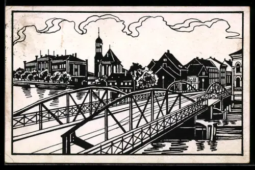 Künstler-AK Brandenburg a. d. H., Lange Brücke mit Teilansicht der Stadt