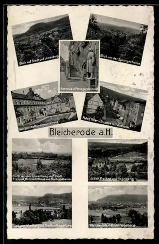 AK Bleicherode a.H., Rathaus mit Kriegerdenkmal, Strasse, Knappschafts-Krankenhaus