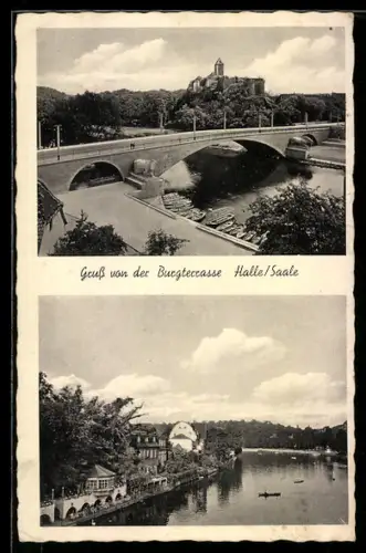 AK Halle /Saale, Restaurant-Cafe Burgterrasse F. Arenz, Brücke, Saaleufer