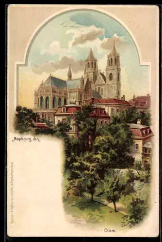 Lithographie Magdeburg, Dom aus der Vogelschau