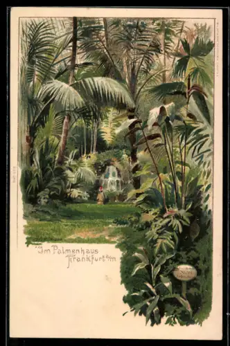 Lithographie Frankfurt-Westend, Palmenhaus, Innenansicht, Pflanzen, Brunnen