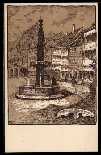 Künstler-AK Freiburg i. Br., Münsterplatz mit Brunnen, Haus Marie Lang