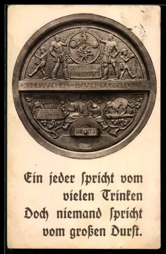 AK Düsseldorf, Ferd. Schumacher-Brauerei, Oststrasse 123-25, Relief mit Fassmotiv und Sinnspruch