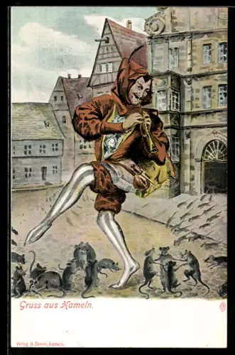 Künstler-AK Hameln, Rattenfänger mit tanzenden Ratten vor Fachwerkhäusern