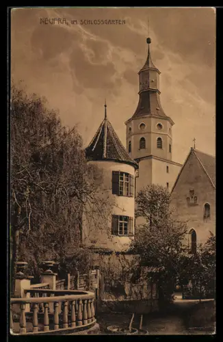 AK Neufra, Im Schlossgarten, Partie mit Türmen