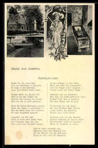 AK Campehl, Kirche, Brücke, Kahlbutz-Sarg, Kahlbutz-Lied