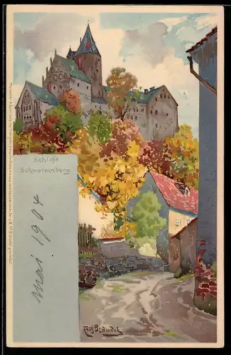 Lithographie Schwarzenberg, Schloss Schwarzenberg mit Strasse