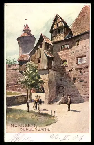 Künstler-AK Nürnberg, Burgeingang im Sonnenschein