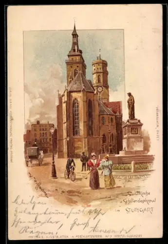 Lithographie Stuttgart, Stadtkirche u. Schillerdenkmal