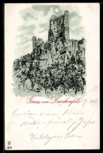 Lithographie Drachenfels, Burgruine Drachenfels bei Vollmond