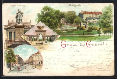 Lithographie Kassel, Auetor, Denkmal Friedrich II., Obere Königstrasse