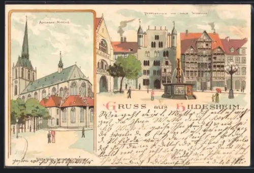 Lithographie Hildesheim, Andreas-Kirche, Templerhaus und Haus Wedekind